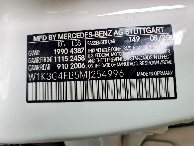 52205326 :رقم المزاد ، W1K3G4EB5MJ254996 vin ، 2021 Mercedes-benz A مزاد بيع