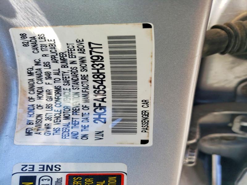 2008 Honda Civic მანქანა იყიდება აუქციონზე, vin: 2HGFA16548H319717, აუქციონის ნომერი: 59308936