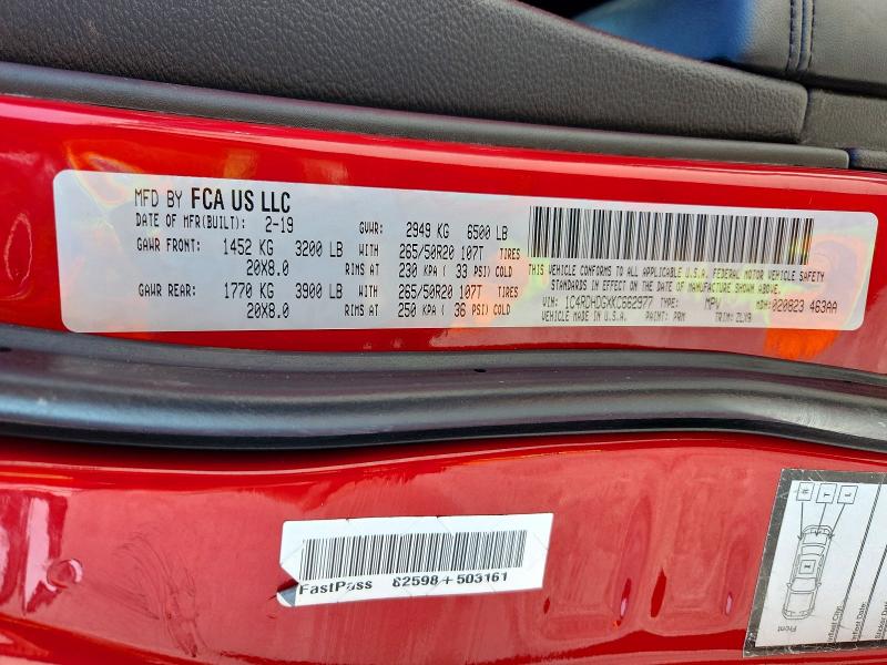 58454326 :رقم المزاد ، 1C4RDHDGXKC662977 vin ، 2019 Dodge Durango مزاد بيع