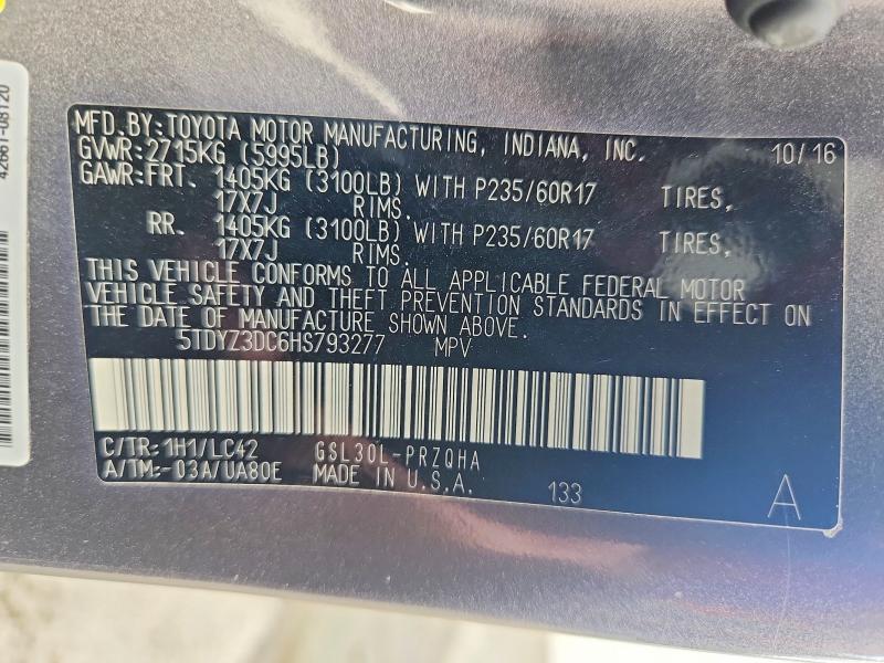 Aukcja sprzedaży 2017 Toyota Sienna, vin: 5TDYZ3DC6HS793277, numer aukcji: 55921376