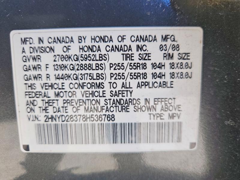 57185676 :رقم المزاد ، 2HNYD28378H536768 vin ، 2008 Acura Mdx مزاد بيع