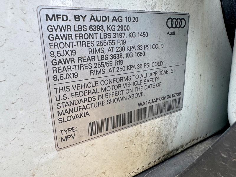 2021 Audi Q7 მანქანა იყიდება აუქციონზე, vin: WA1AJAF7XMD018736, აუქციონის ნომერი: 57971836