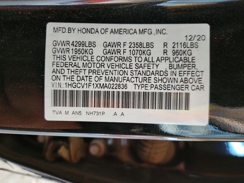 56519706 :رقم المزاد ، 1HGCV1F1XMA022836 vin ، 2021 Honda Accord مزاد بيع