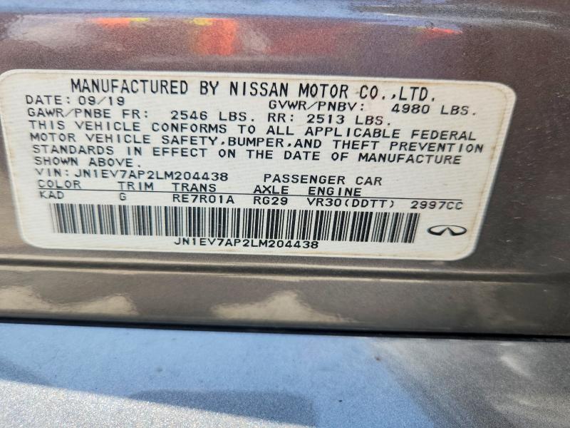 56284566 :رقم المزاد ، JN1EV7AP2LM204438 vin ، 2020 Infiniti Q50 مزاد بيع