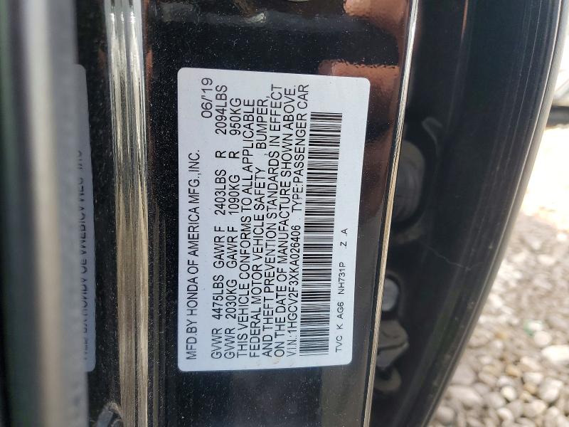 Продаж на аукціоні авто 2019 Honda Accord, vin: 1HGCV2F3XKA026406, номер лоту: 57937056