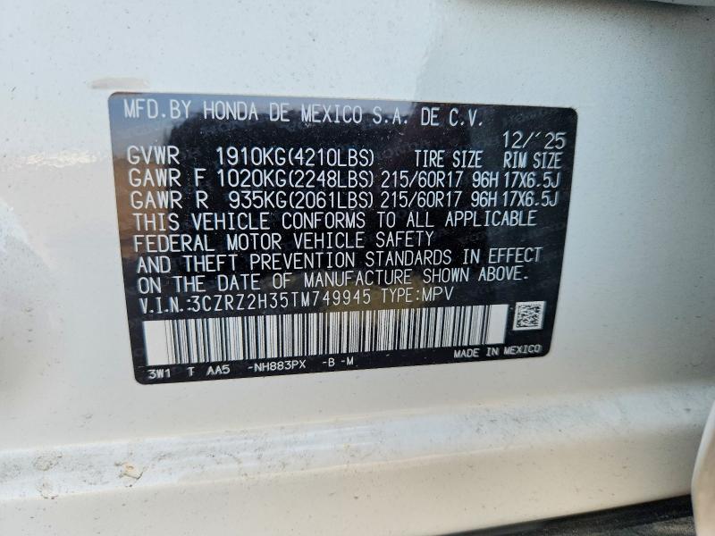 2026 Honda Hr-v მანქანა იყიდება აუქციონზე, vin: 3CZRZ2H35TM749945, აუქციონის ნომერი: 56957666