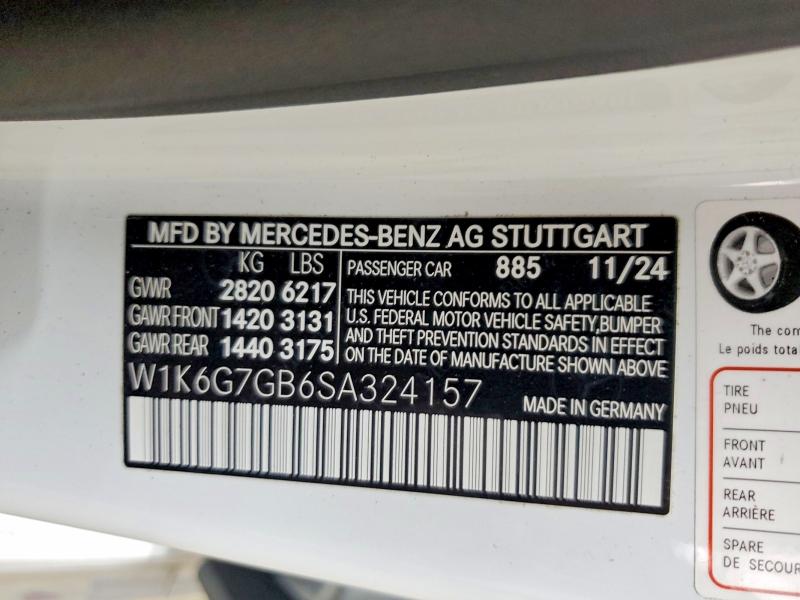 58825266 :رقم المزاد ، W1K6G7GB6SA324157 vin ، 2025 Mercedes-benz S مزاد بيع