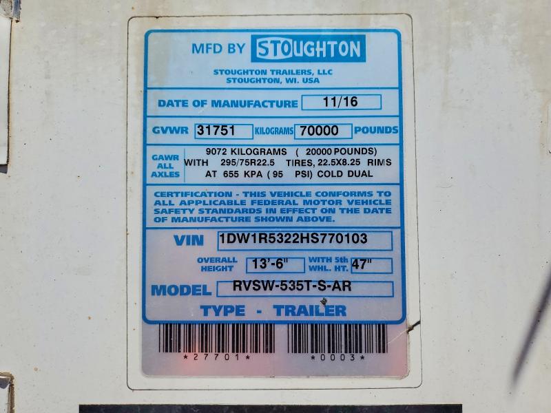 57466946 :رقم المزاد ، 1DW1R5322HS770103 vin ، 2017 Stoughton Unknown مزاد بيع