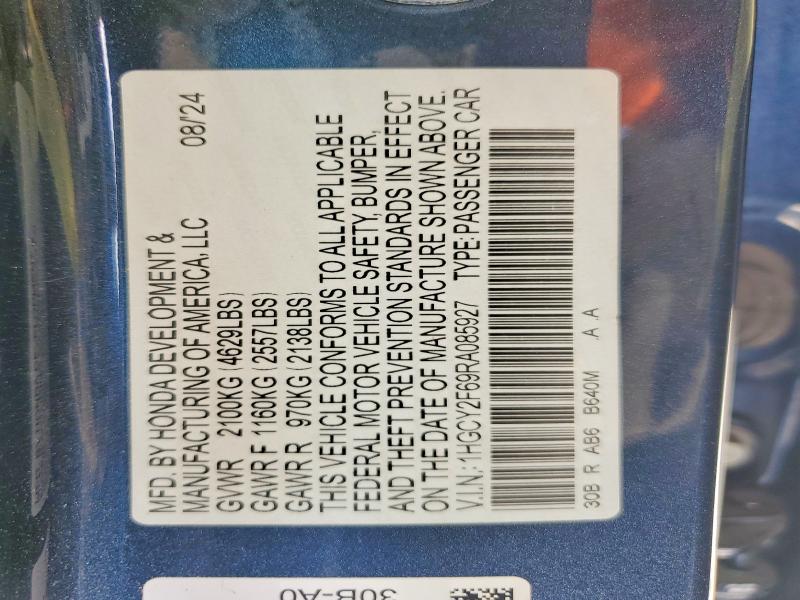 2024 Honda Accord მანქანა იყიდება აუქციონზე, vin: 1HGCY2F69RA085927, აუქციონის ნომერი: 58699466