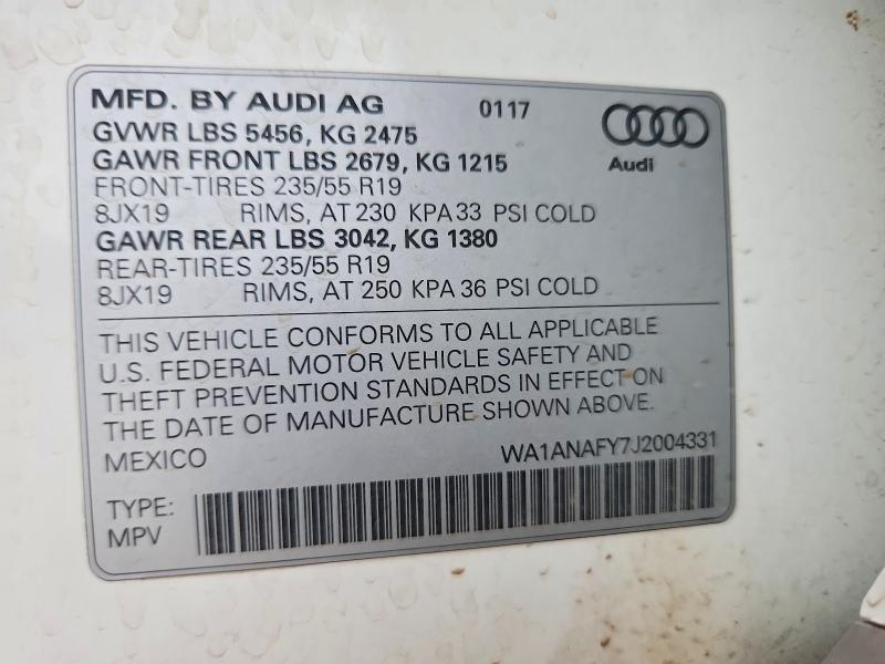 57711236 :رقم المزاد ، WA1ANAFY7J2004331 vin ، 2018 Audi Q5 مزاد بيع