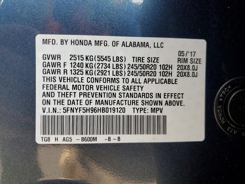 2017 Honda Pilot მანქანა იყიდება აუქციონზე, vin: 5FNYF5H96HB019120, აუქციონის ნომერი: 55497566