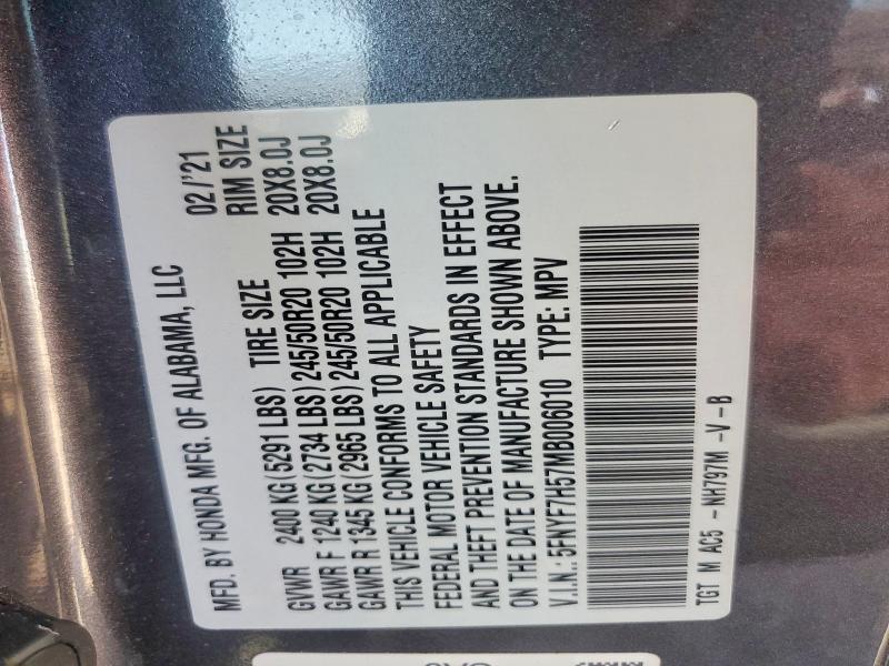 58044126 :رقم المزاد ، 5FNYF7H57MB006010 vin ، 2021 Honda Passport مزاد بيع