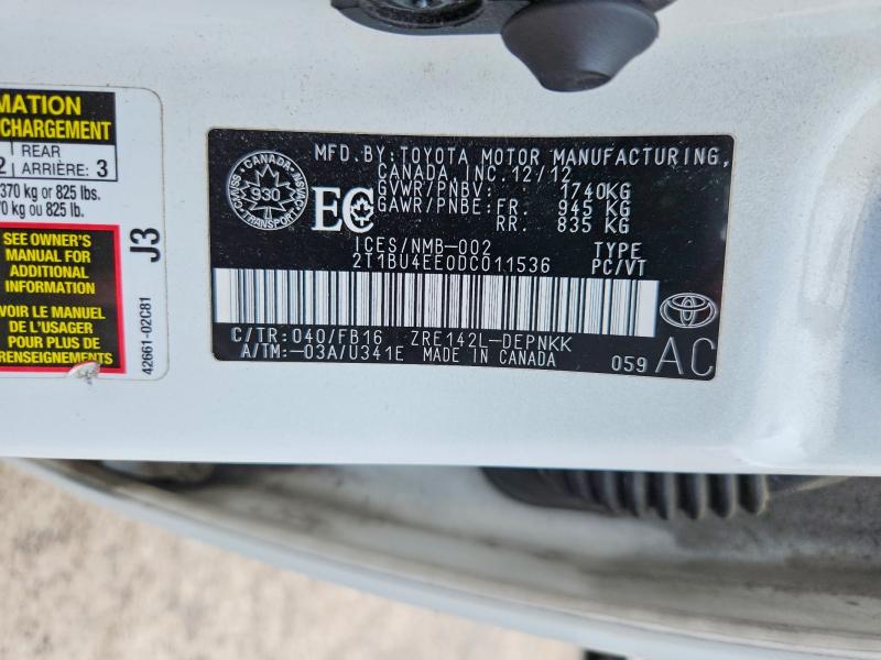 57004466 :رقم المزاد ، 2T1BU4EE0DC011536 vin ، 2013 Toyota Corolla مزاد بيع
