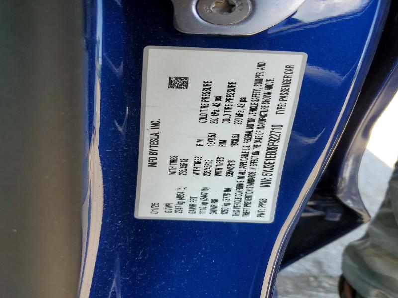 57110996 :رقم المزاد ، 5YJ3E1EB0SF922710 vin ، 2025 Tesla Model 3 مزاد بيع