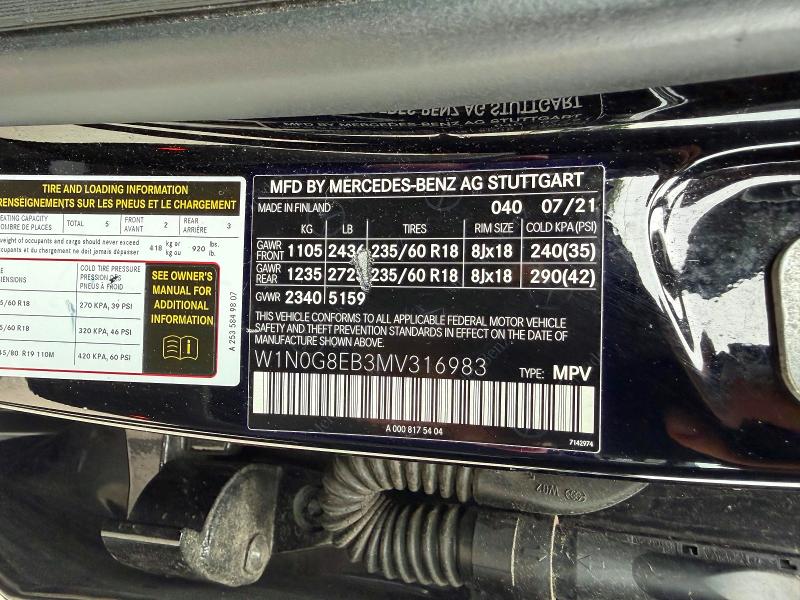 2021 Mercedes-benz Glc მანქანა იყიდება აუქციონზე, vin: W1N0G8EB3MV316983, აუქციონის ნომერი: 59090166