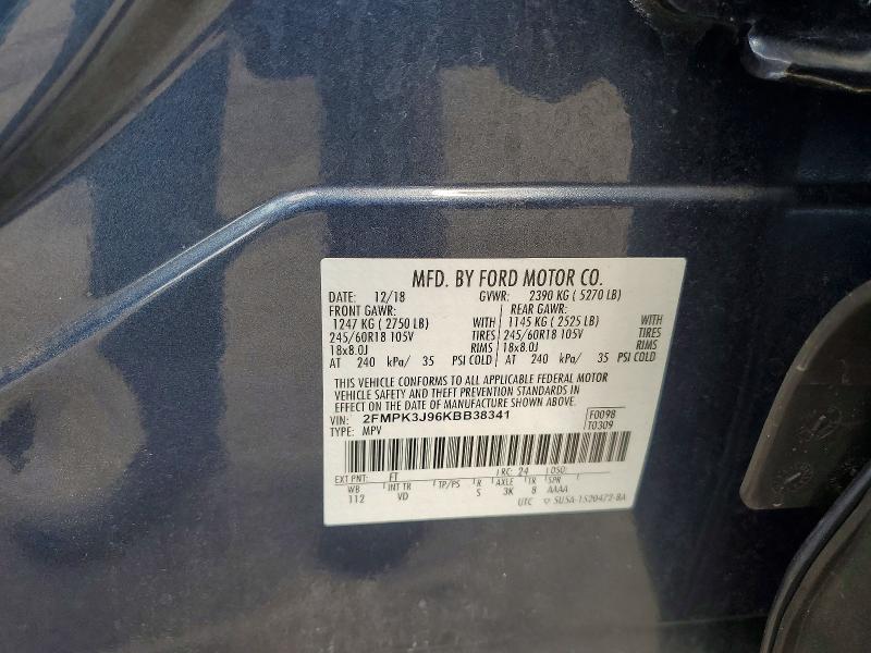 2019 Ford Edge მანქანა იყიდება აუქციონზე, vin: 2FMPK3J96KBB38341, აუქციონის ნომერი: 57605976