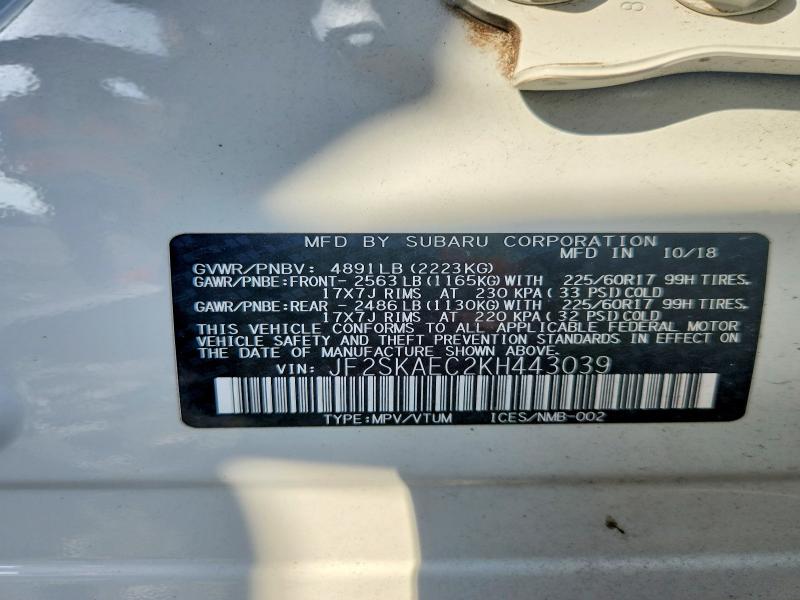 Продаж на аукціоні авто 2019 Subaru Forester, vin: JF2SKAEC2KH443039, номер лоту: 58600096