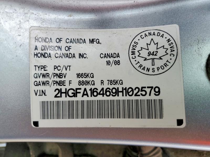 2009 Honda Civic მანქანა იყიდება აუქციონზე, vin: 2HGFA16469H102579, აუქციონის ნომერი: 56225326