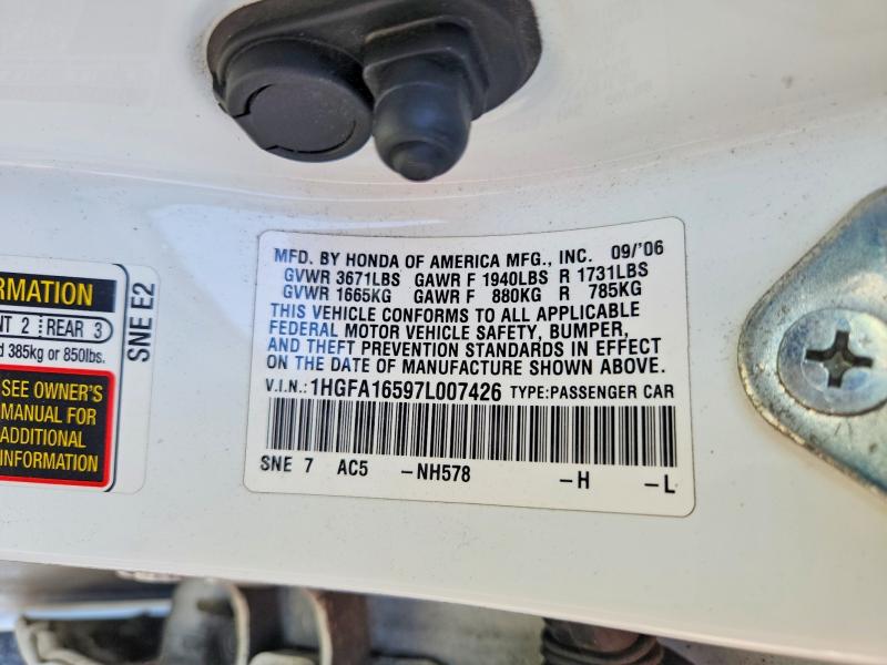 2007 Honda Civic მანქანა იყიდება აუქციონზე, vin: 1HGFA16597L007426, აუქციონის ნომერი: 56843926