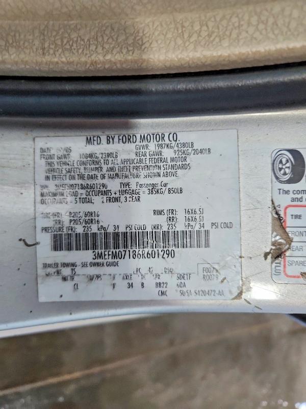 2006 Mercury Milan მანქანა იყიდება აუქციონზე, vin: 3MEFM07186R601290, აუქციონის ნომერი: 55891206
