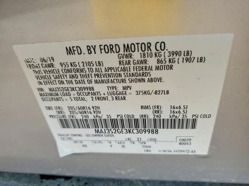 57730976 :رقم المزاد ، MAJ3S2GE3KC309988 vin ، 2019 Ford Ecosport مزاد بيع