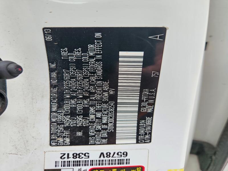 57367086 :رقم المزاد ، 5TDYK3DC2DS382540 vin ، 2013 Toyota Sienna مزاد بيع