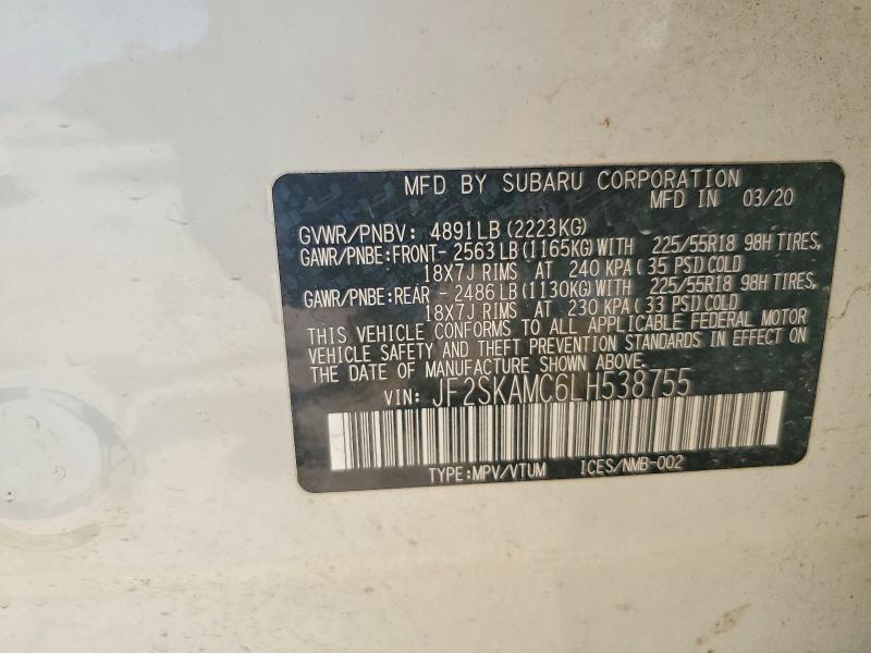 Продаж на аукціоні авто 2020 Subaru Forester, vin: JF2SKAMC6LH538755, номер лоту: 58591776
