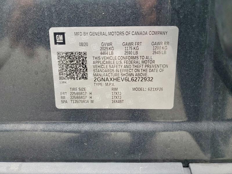 58159656 :رقم المزاد ، 2GNAXHEV6L6272932 vin ، 2020 Chevrolet Equinox مزاد بيع