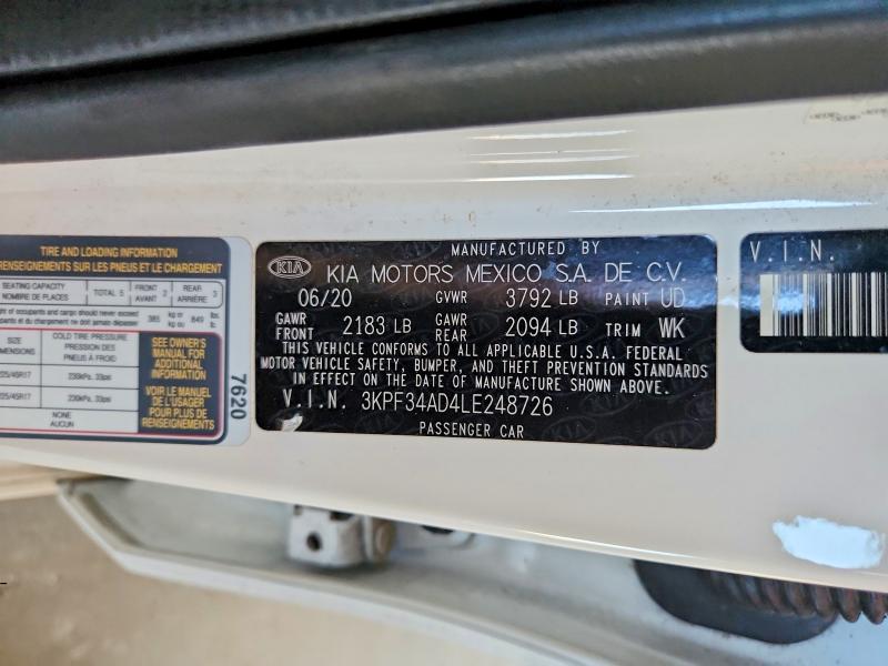 2020 Kia Forte მანქანა იყიდება აუქციონზე, vin: 3KPF34AD4LE248726, აუქციონის ნომერი: 58439526