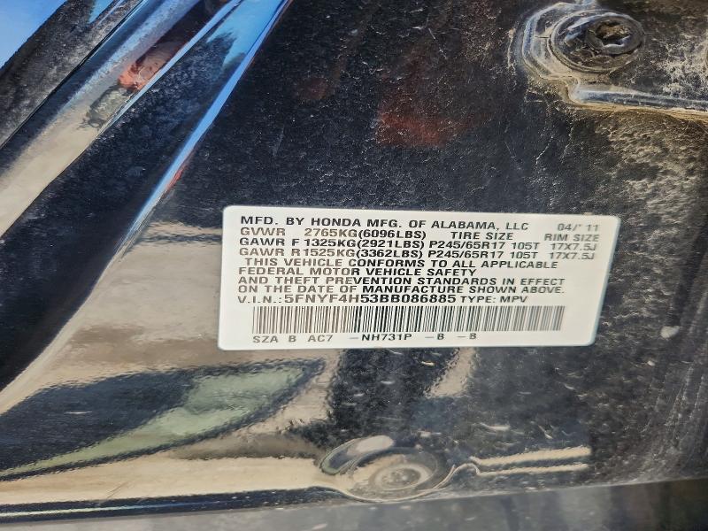 2011 Honda Pilot მანქანა იყიდება აუქციონზე, vin: 5FNYF4H53BB086885, აუქციონის ნომერი: 56852156