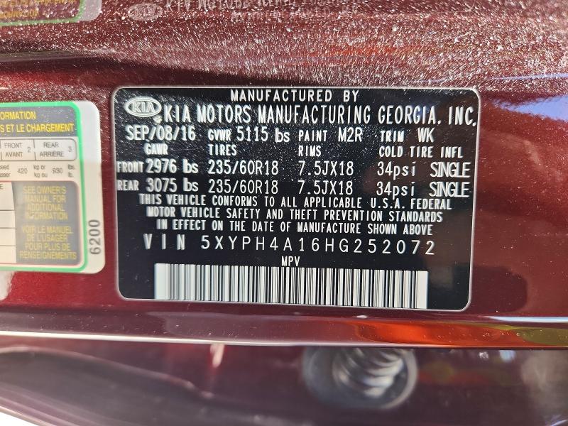 59293546 :رقم المزاد ، 5XYPH4A16HG252072 vin ، 2017 Kia Sorento مزاد بيع