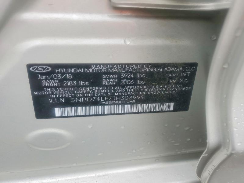2018 Hyundai Elantra მანქანა იყიდება აუქციონზე, vin: 5NPD74LF7JH308999, აუქციონის ნომერი: 57592206