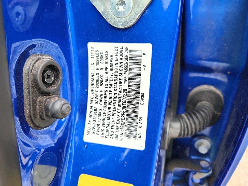 57492586 :رقم المزاد ، 19XFC2F60KE007226 vin ، 2019 Honda Civic مزاد بيع