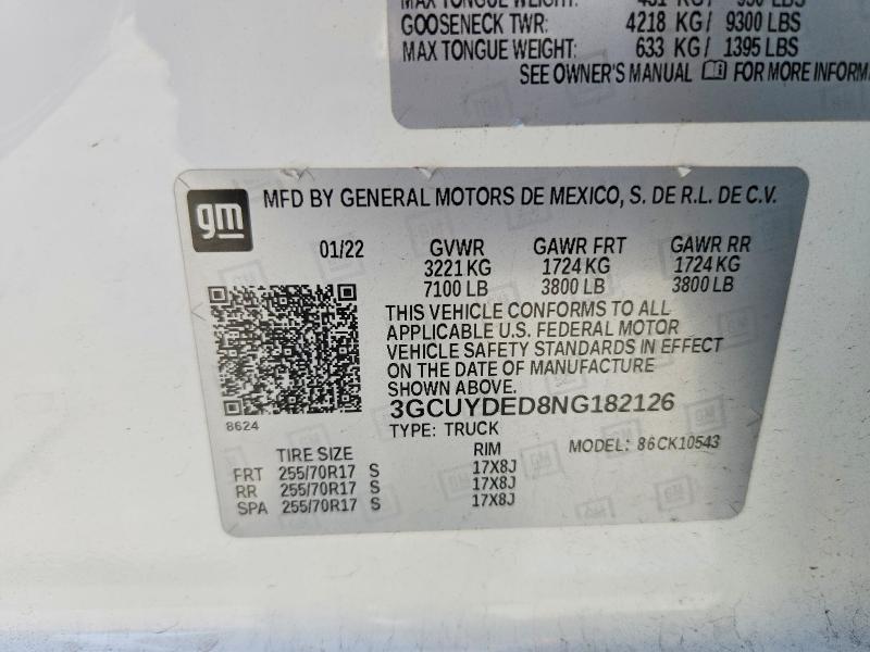 Auction sale of the 2022 Chevrolet Silverado Ltd, vin: 3GCUYDED8NG182126, lot number: 56475836
