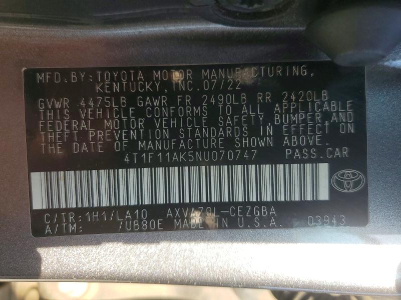 Продаж на аукціоні авто 2022 Toyota Camry, vin: 4T1F11AK5NU070747, номер лоту: 56817186