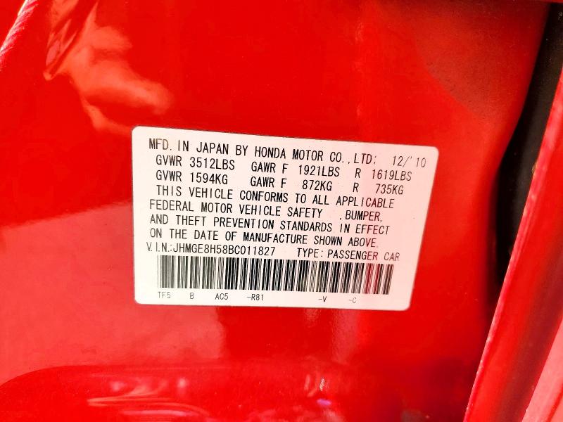 Продажа на аукционе авто 2011 Honda Fit, vin: JHMGE8H58BC011827, номер лота: 56322146