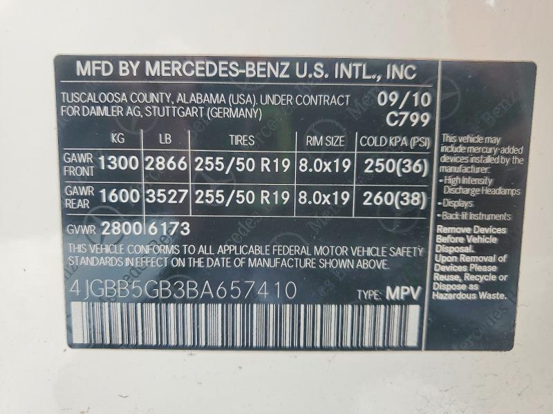 55870326 :رقم المزاد ، 4JGBB5GB3BA657410 vin ، 2011 Mercedes-benz Ml مزاد بيع