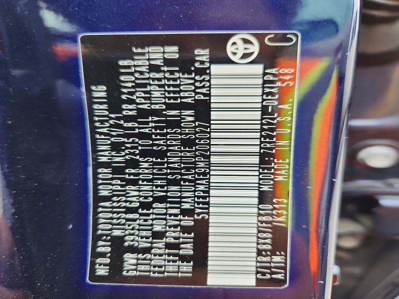 57506916 :رقم المزاد ، 5YFEPMAE9MP206027 vin ، 2021 Toyota Corolla مزاد بيع