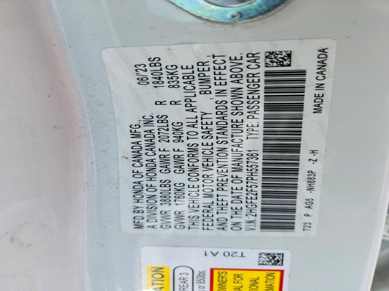 Продаж на аукціоні авто 2023 Honda Civic, vin: 2HGFE2F57PH557361, номер лоту: 57893076