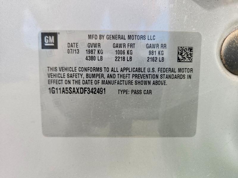 58186196 :رقم المزاد ، 1G11A5SAXDF342491 vin ، 2013 Chevrolet Malibu مزاد بيع