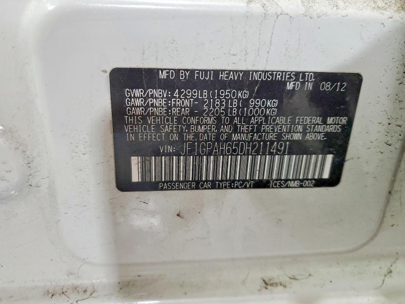 2013 Subaru Impreza მანქანა იყიდება აუქციონზე, vin: JF1GPAH65DH211491, აუქციონის ნომერი: 58595886