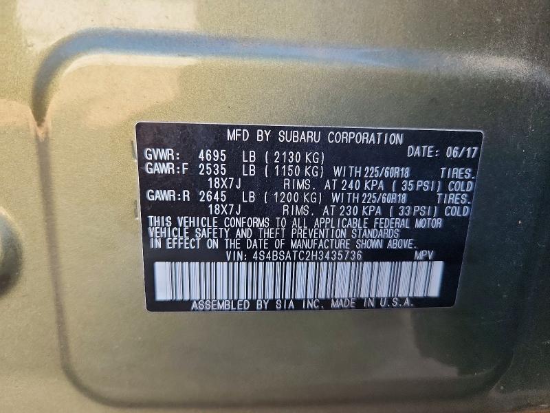 Aukcja sprzedaży 2017 Subaru Outback, vin: 4S4BSATC2H3435736, numer aukcji: 57760846