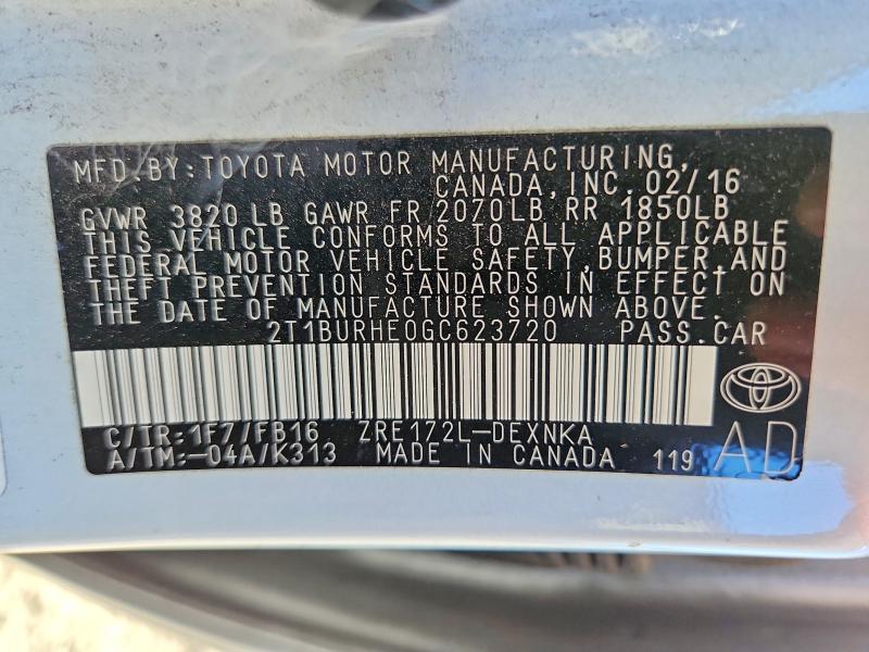 Aukcja sprzedaży 2016 Toyota Corolla, vin: 2T1BURHE0GC623720, numer aukcji: 55814526