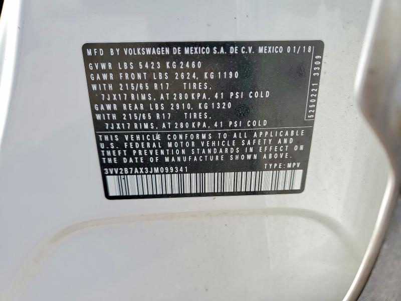 Продаж на аукціоні авто 2018 Volkswagen Tiguan, vin: 3VV2B7AX3JM099341, номер лоту: 58086746