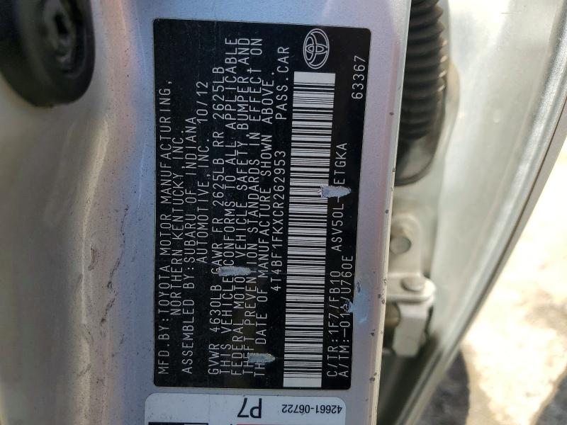 Aukcja sprzedaży 2012 Toyota Camry, vin: 4T4BF1FKXCR262953, numer aukcji: 55469696