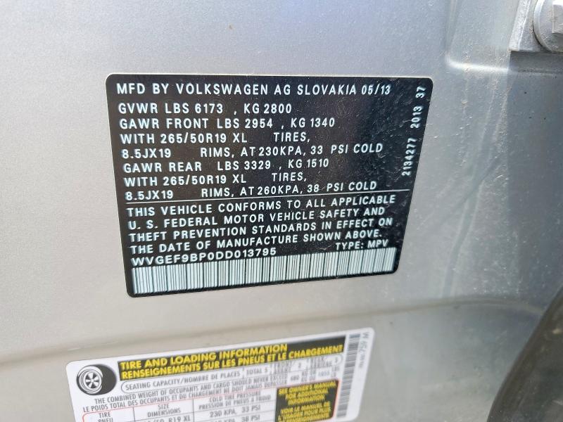 57540396 :رقم المزاد ، WVGEF9BP0DD013795 vin ، 2013 Volkswagen Touareg مزاد بيع