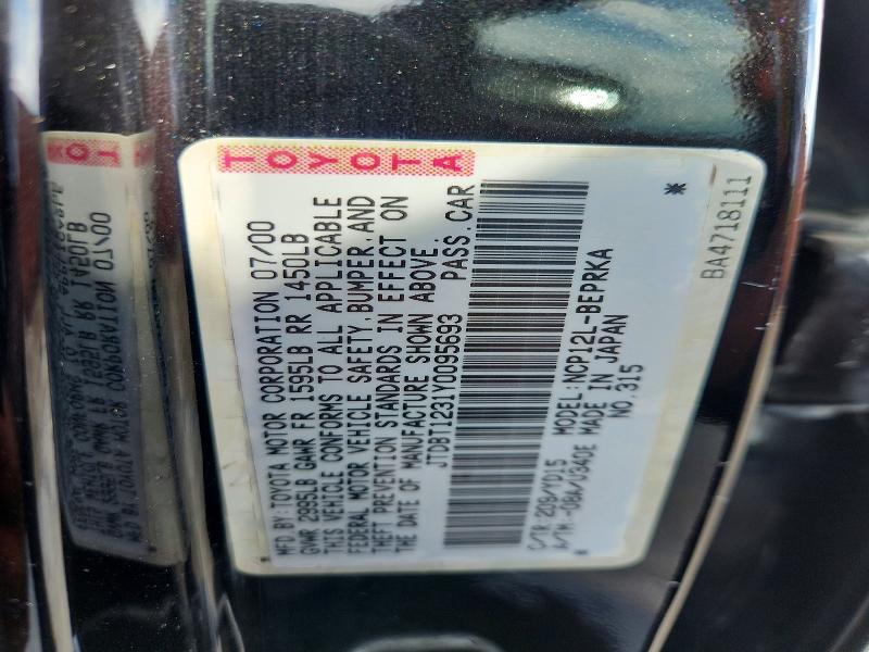 Aukcja sprzedaży 2000 Toyota Echo, vin: JTDBT1231Y0095693, numer aukcji: 54549206