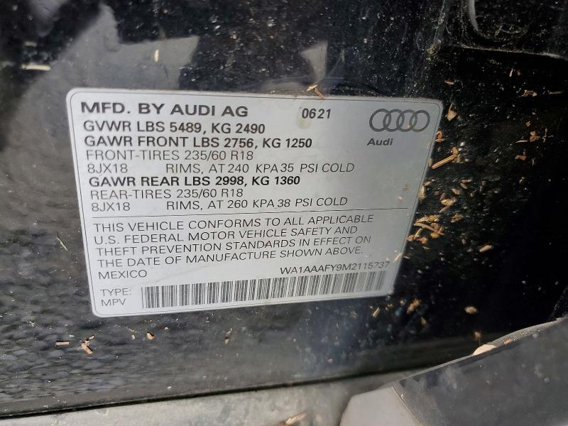 2021 Audi Q5 მანქანა იყიდება აუქციონზე, vin: WA1AAAFY9M2115737, აუქციონის ნომერი: 56256216