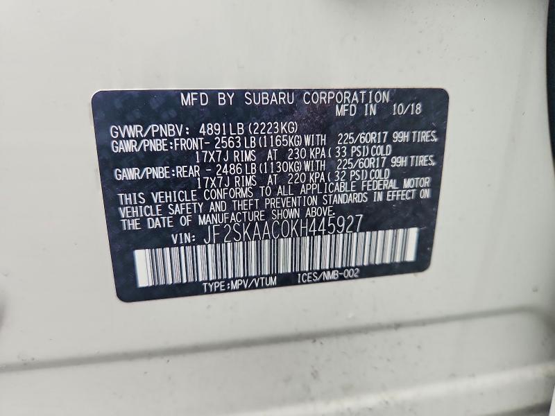 Продаж на аукціоні авто 2019 Subaru Forester, vin: JF2SKAAC0KH445927, номер лоту: 57720206
