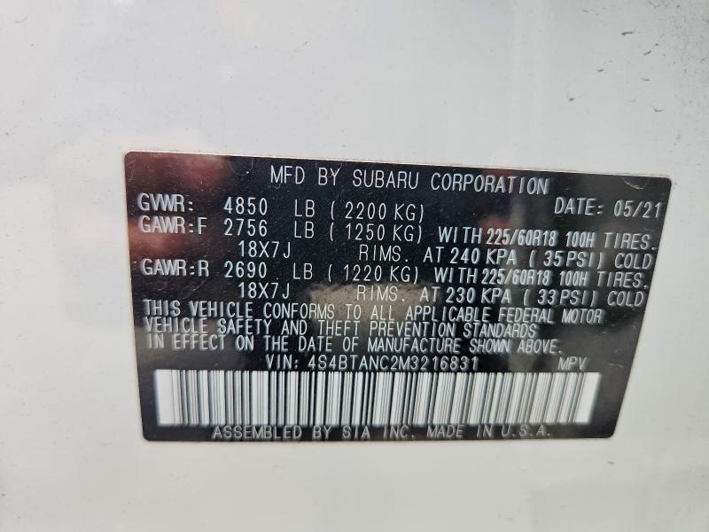 2021 Subaru Outback მანქანა იყიდება აუქციონზე, vin: 4S4BTANC2M3216831, აუქციონის ნომერი: 59233586